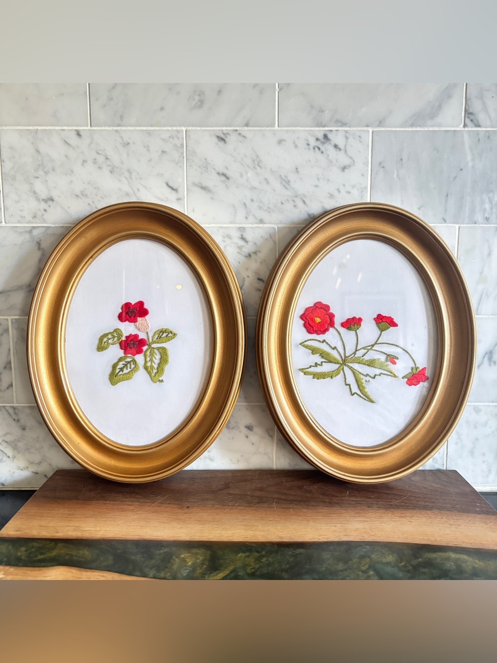 Vintage Pair of Oval Framed Crewel Embroidered Art of Red Flowers
